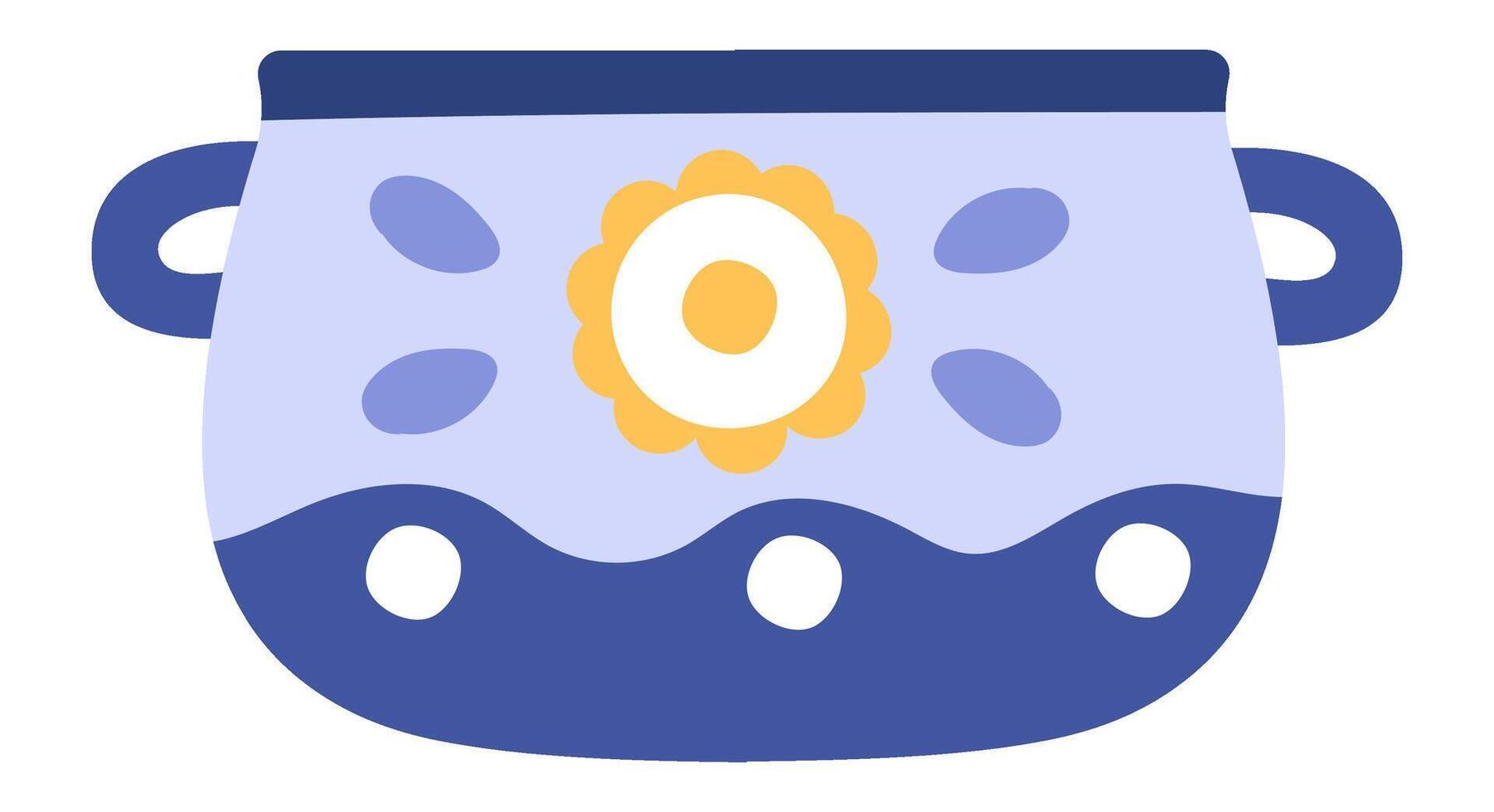 Blue pot with two handles, decorated with a central flower and light blue and white dots is standing on a white background, simple illustration vector
