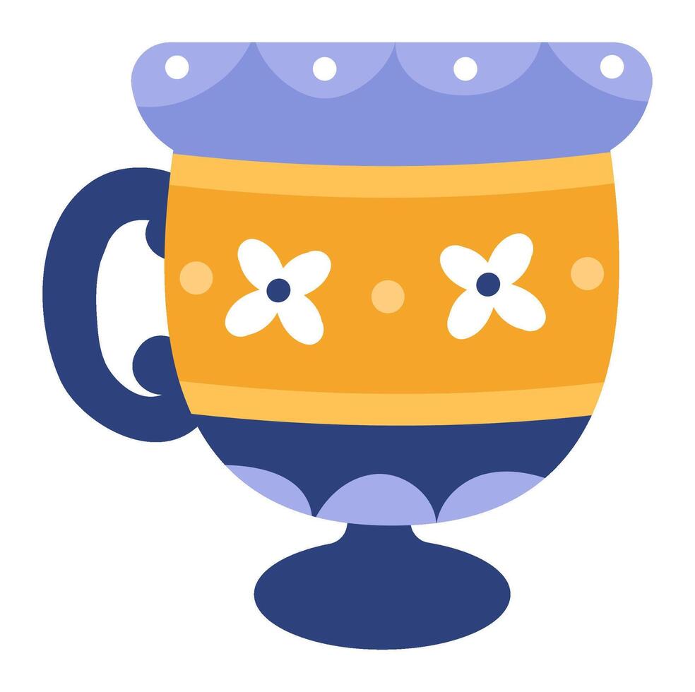 Charming decorated ceramic cup stands on a small base, featuring a handle and a delightful floral pattern, adding a touch of elegance to teatime or coffee breaks vector