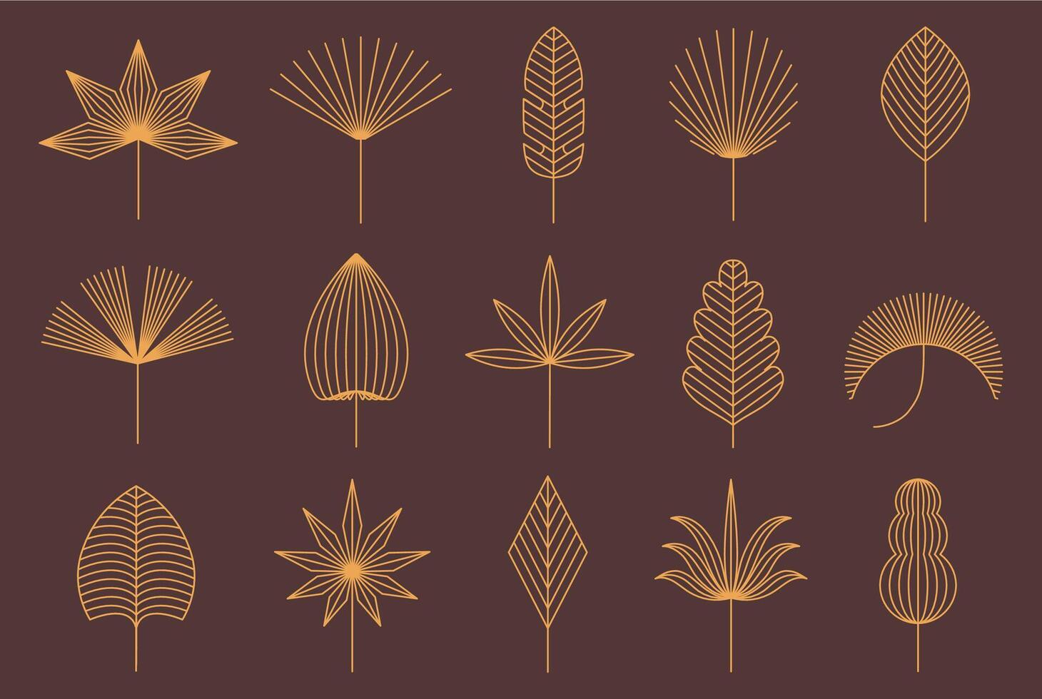 Linear floral boho leaf. Tropical leaves, geometric botanical decor, elegant floral outlines bohemian minimalist line art shapes set with editable stroke path vector