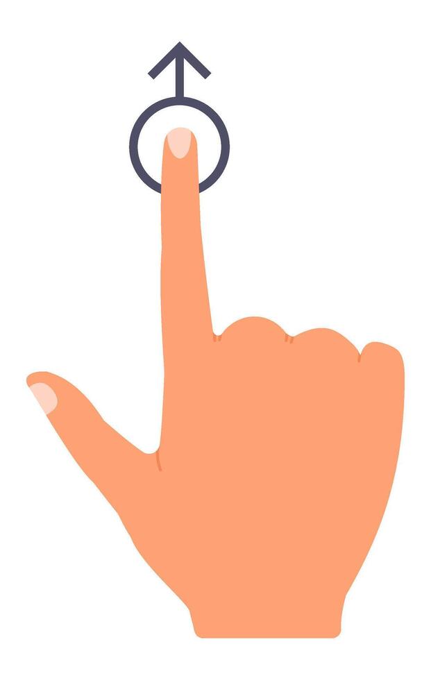 Hand with index finger extended touching a digital button with an upward arrow, symbolizing scrolling or selecting an option on a touch screen vector