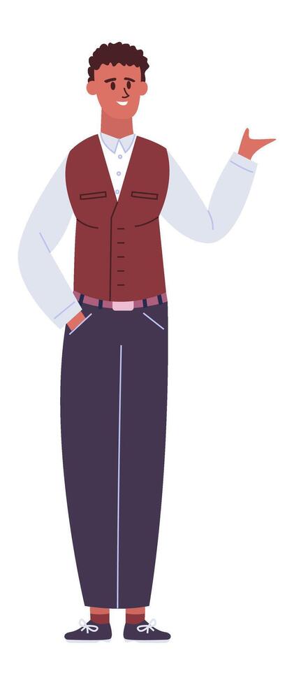 Young man wearing uniform and showing something with hand gesture, standing pose, full length portrait, flat illustration isolated on white background vector