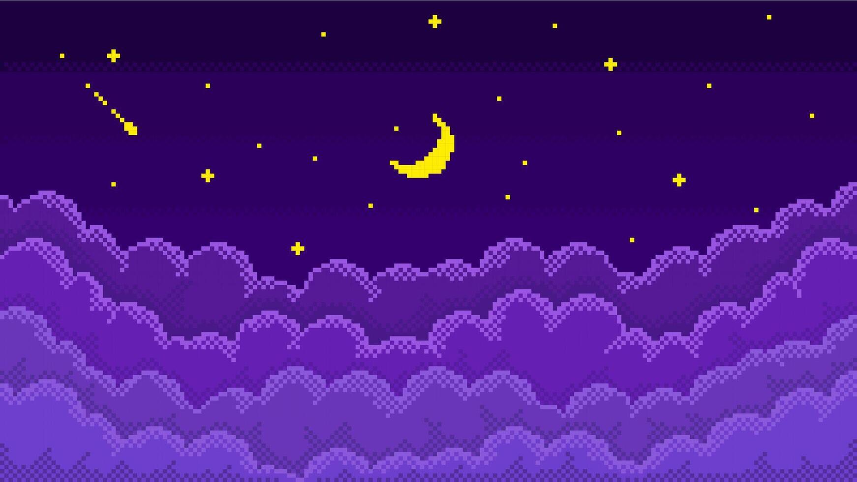 Pixel art starry night sky. Pixelated cloudy skyscape with 8 bit shiny twinkling stars, new moon and layered bitmap clouds, retro game style background illustration vector