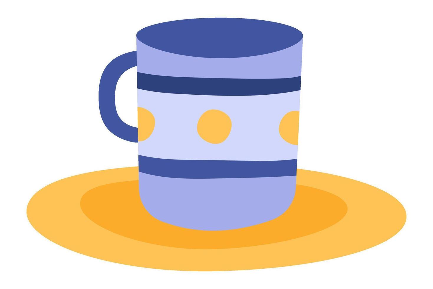 Purple mug adorned with yellow circles and stripes, resting on a matching yellow saucer, creating a simple yet stylish flat illustration set against a clean white background vector