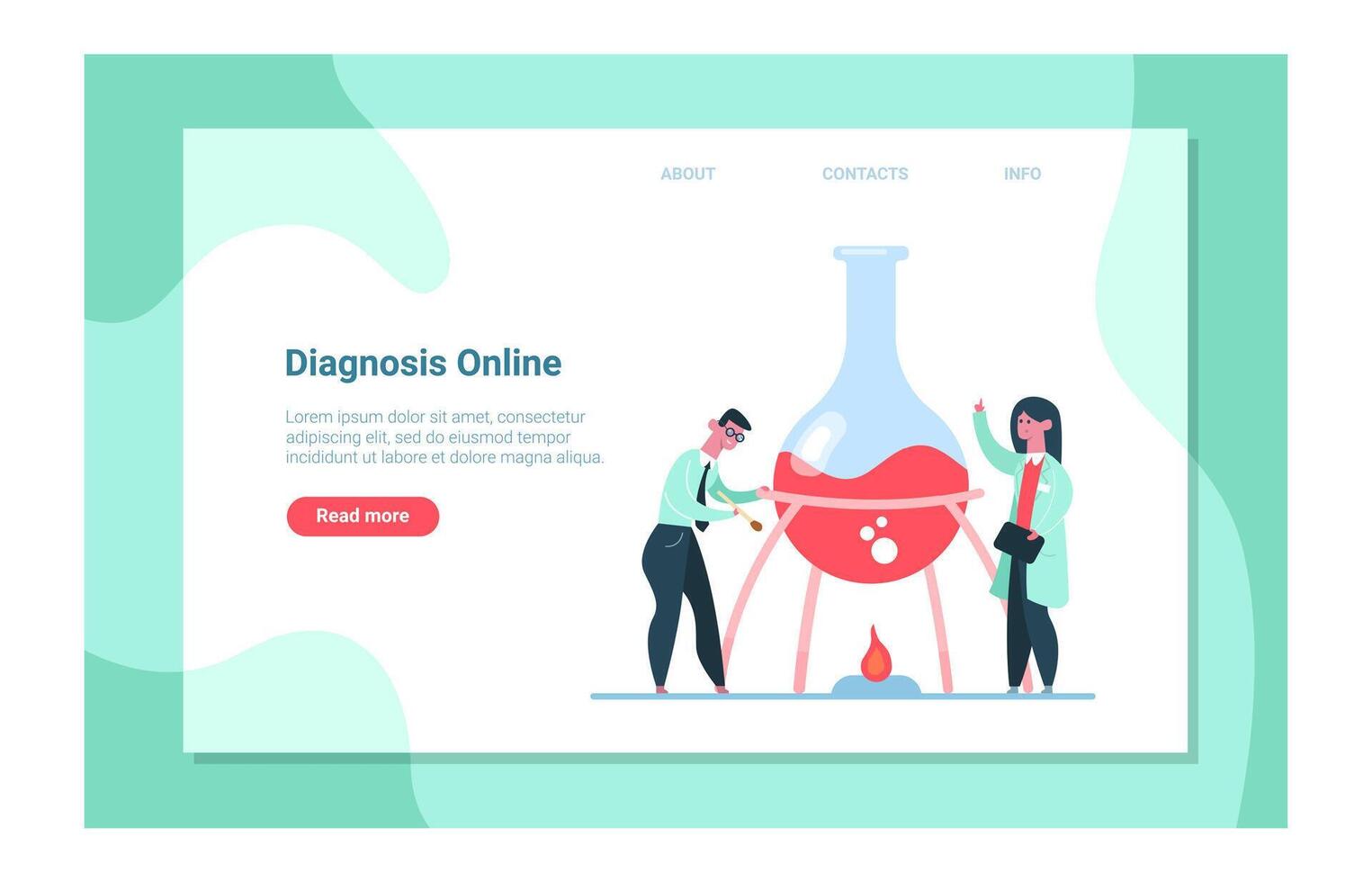 Two scientists performing online diagnosis working with large flask containing red liquid heated by bunsen burner, laboratory equipment and medical online service concept vector