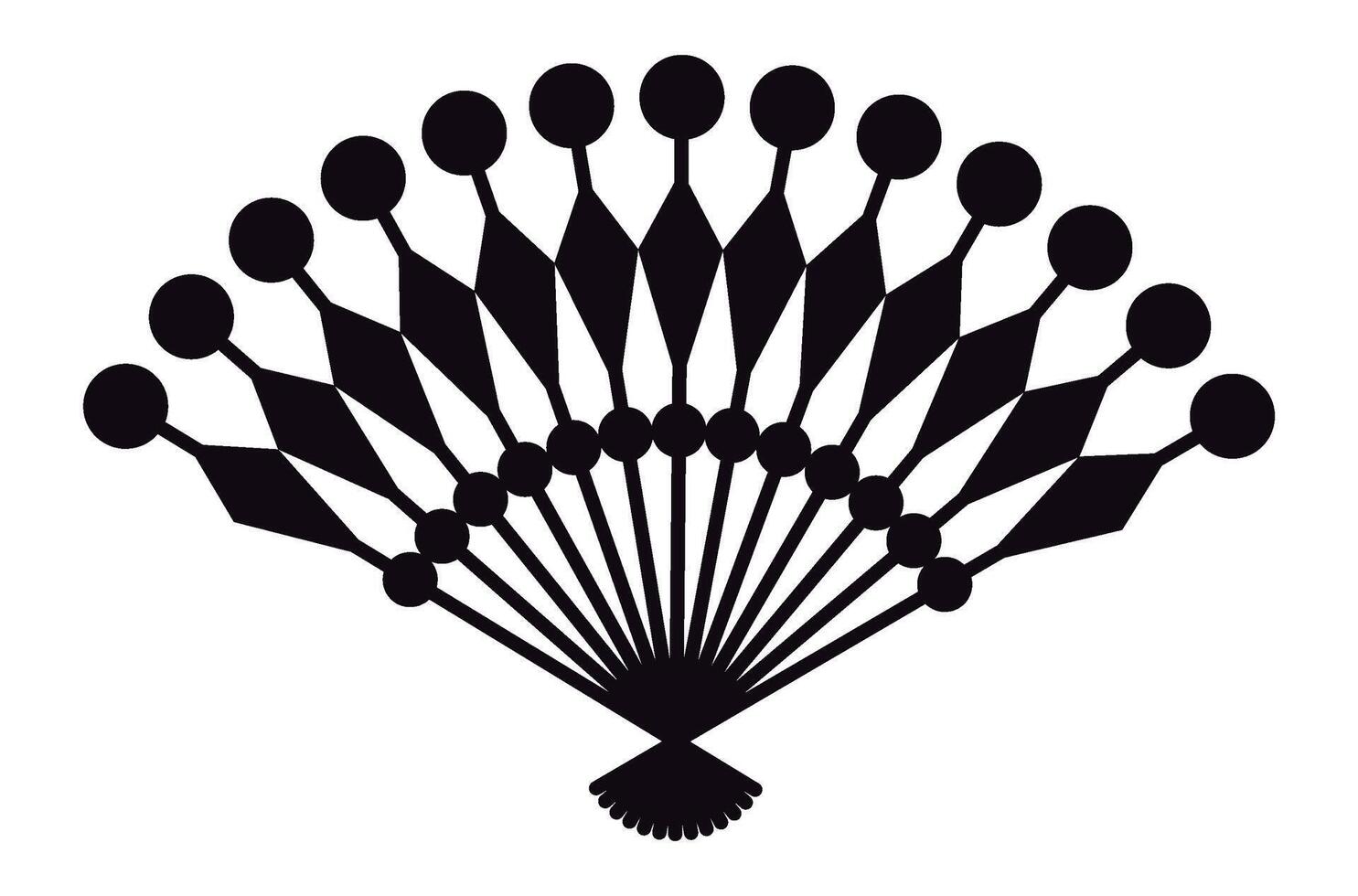 Black silhouette of a hand fan with dotted and rhombus decorations on a white background representing traditional culture, fashion accessories, and summer coolness vector