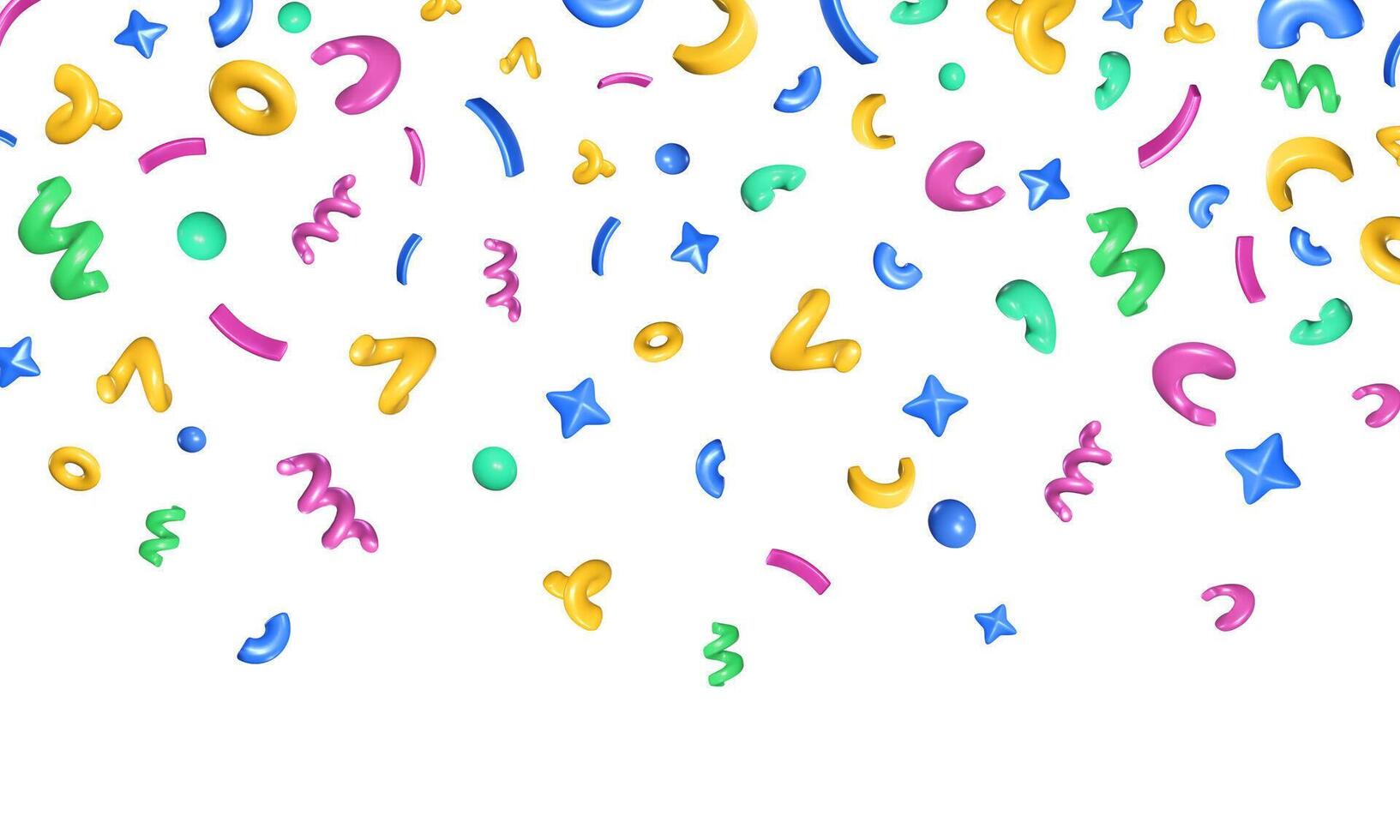 Falling confetti background. Colorful 3D geometric shapes of floating swirl squiggles, curves, stars and circles. Decorative multicolor abstract illustration vector