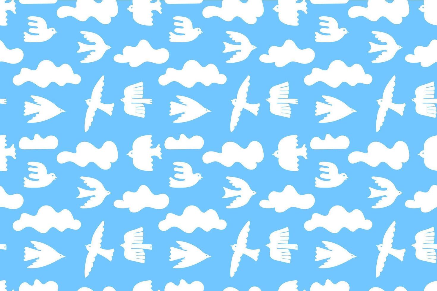 Flying birds seamless pattern. Cloudy blue sky with bird silhouettes, minimalism style dove and swallow with abstract cloud shapes. Textile print template. background illustration vector