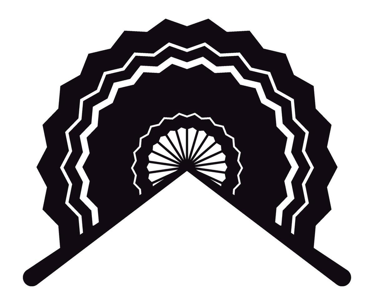 Black and white illustration of a traditional hand fan, featuring a wavy edge and a floral pattern radiating from the base, creating a striking visual contrast vector