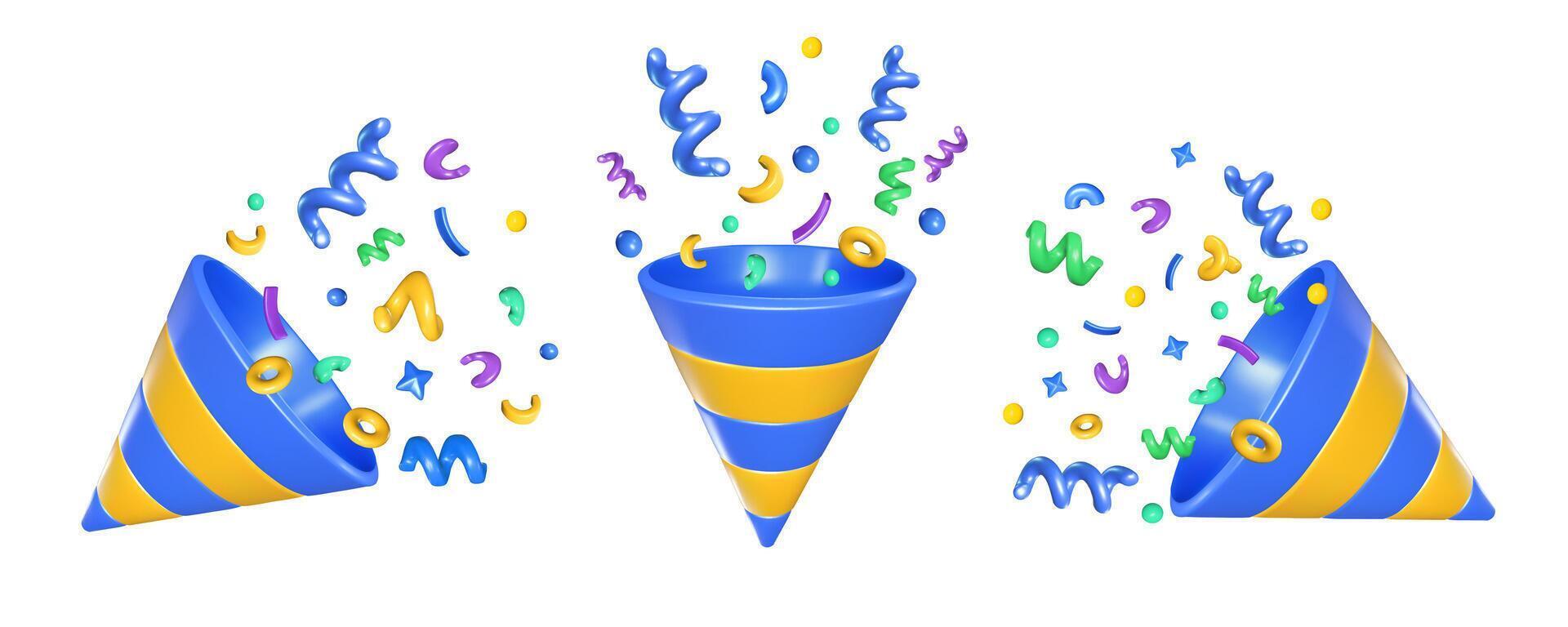 Party popper 3d icon. Birthday confetti explosion from striped cone shape, celebration symbol for congratulation or holiday event designs. Isolated set vector