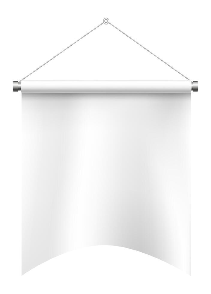 White empty banner hanging gracefully on a white wall, gently waving to create a soft, curved shape, perfect for displaying designs and delivering messages effectively vector
