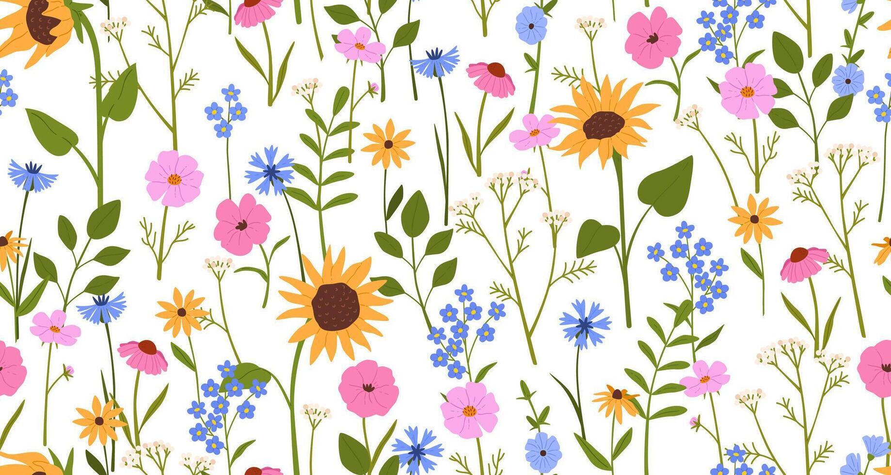 Spring flower seamless pattern. Floral texture with blooming sunflowers, daisies and field flowers and greenery leaves, nature decorative background illustration vector