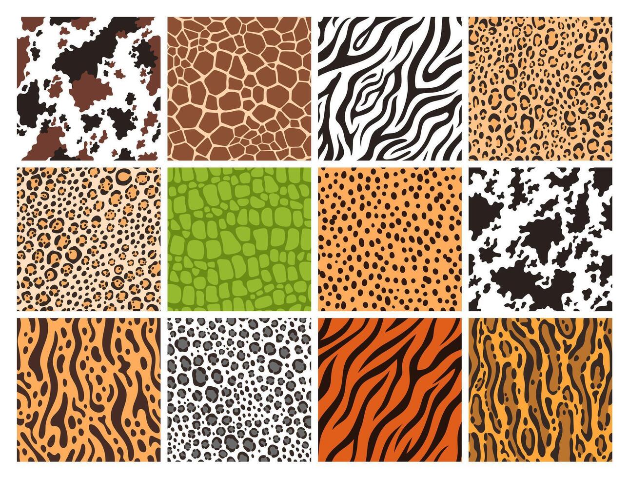 Animal skin seamless patterns. Leather textures of giraffe, zebra, wild leopard, jungle jaguar, crocodile, cheetah fur and tiger skins backgrounds set vector