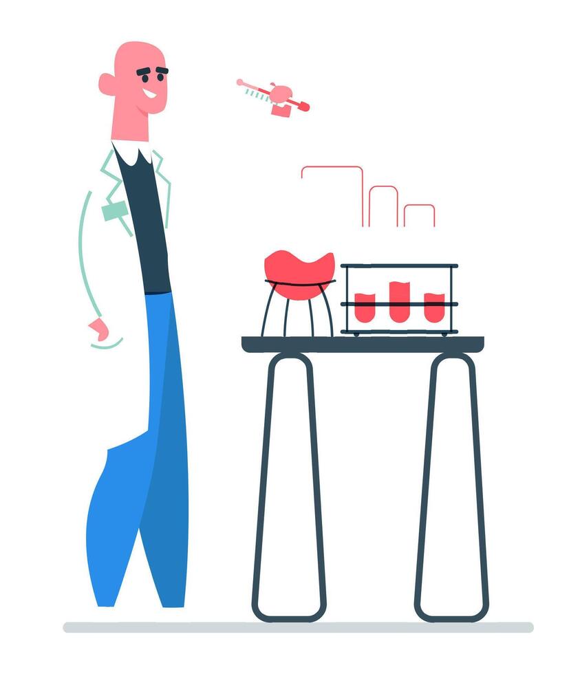 Smiling scientist in a lab coat operating a nano drone for analyzing liquids in test tubes, conducting innovative experiments in a cutting edge modern laboratory environment vector