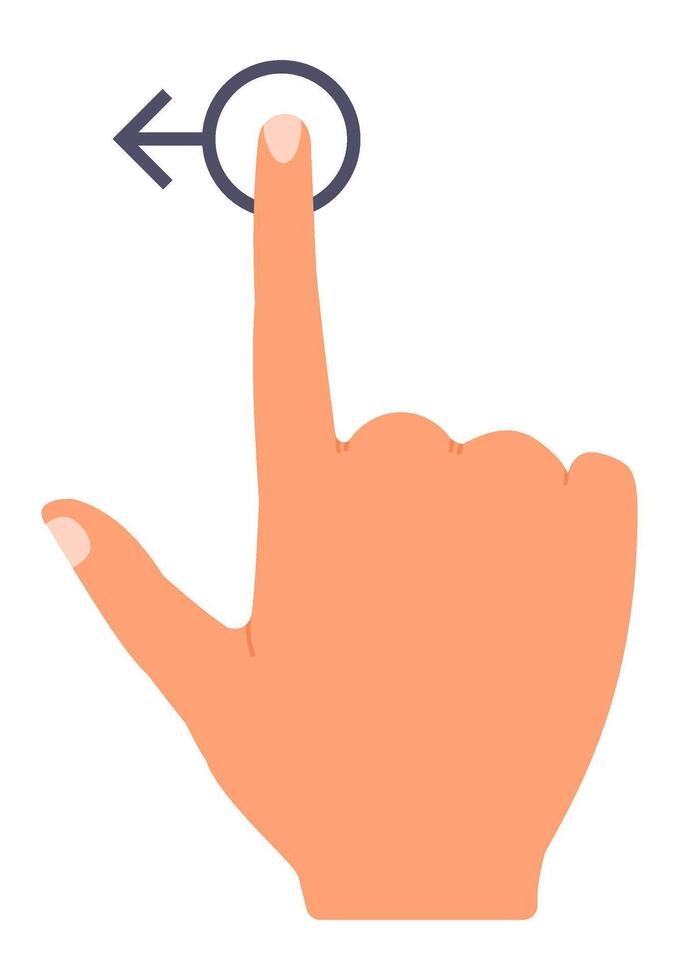 Human hand with index finger touching a digital touchscreen and swiping to the left, indicating a gesture based interaction with a technological device vector