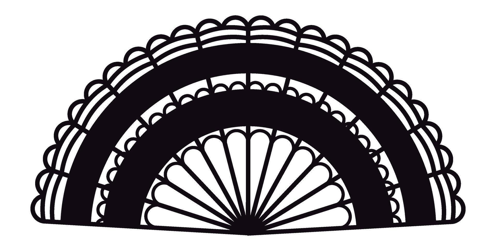 Intricate floral pattern adorning a traditional Spanish hand fan, presented in a striking black and white design, capturing the essence of Spanish culture and craftsmanship vector