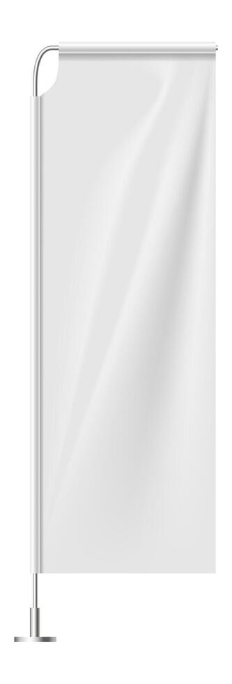 Realistic white vertical flag waving on flagpole with blank template for design, mockup of flagpole with empty white flag waving in wind, illustration isolated on white background vector
