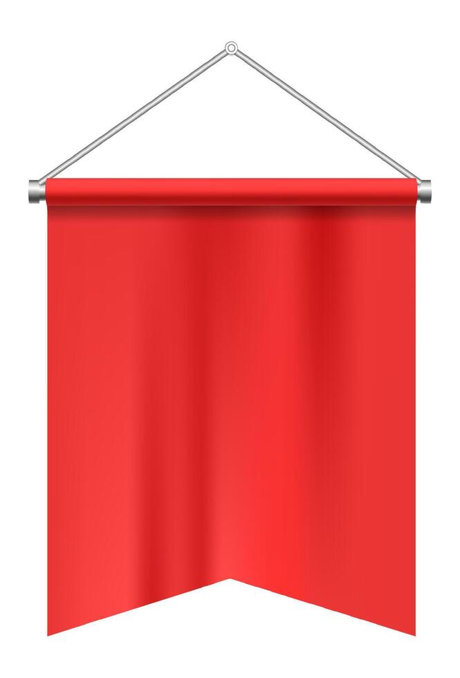 Red rectangular pennant hanging from a metallic support by a white rope, isolated on white background, creating a vibrant and eye catching display vector