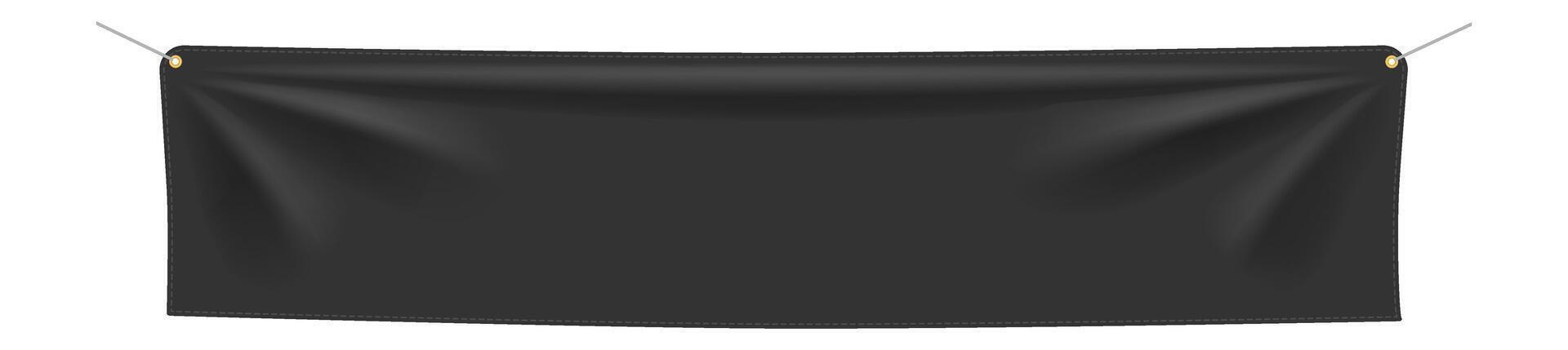 Realistic black rectangular textile banner hanging on ropes secured by grommets, isolated against a white background, gently waving in the wind, ideal for marketing and promotional displays vector