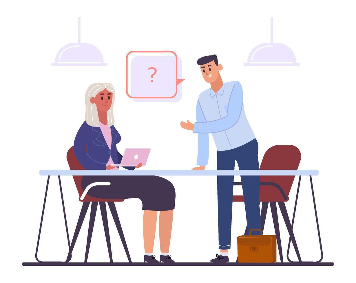Business colleagues discussing work issues, communicating during corporate meeting in office, employee asking question to manager, business conversation and cooperation concept vector