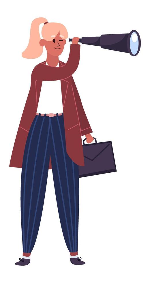Businesswoman holding a briefcase and looking through a telescope, searching for new opportunities and envisioning success and growth in her career vector