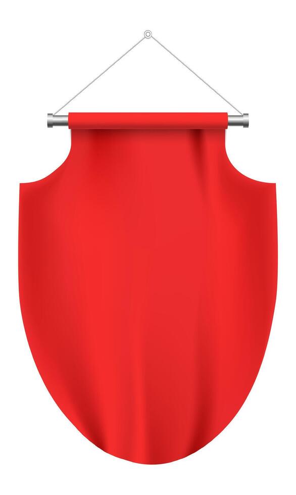 Red pennant hanging from a metallic support, secured with two ropes and a ring against a white background, creating a striking and memorable visual for various promotional needs vector