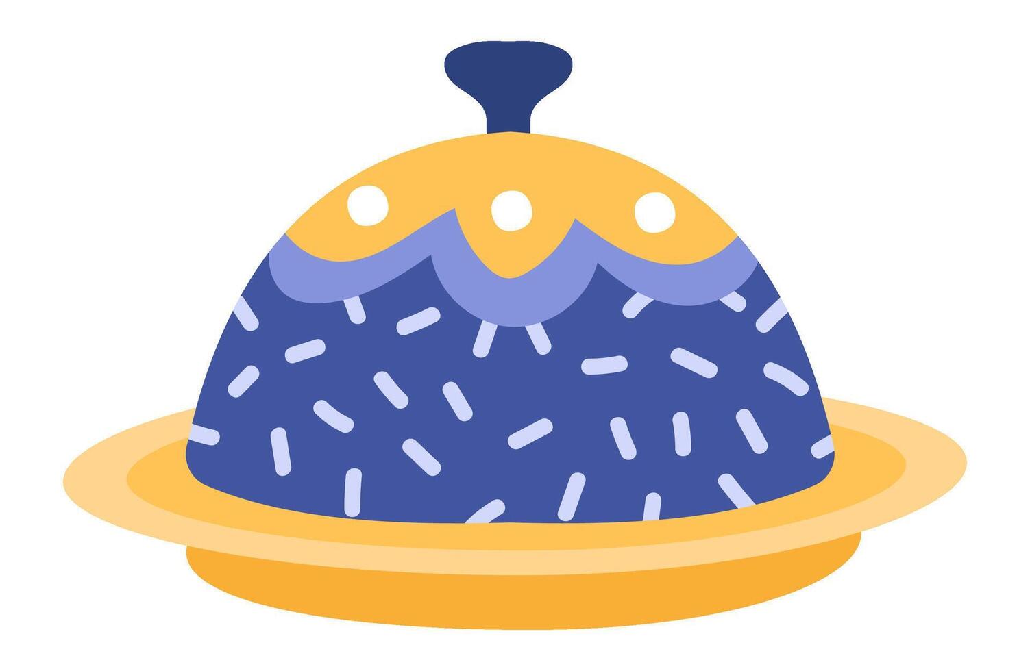 Cartoon styled covered serving dish with blue body and gold lid and plate, decorated with white sprinkles and dots, isolated on white background vector