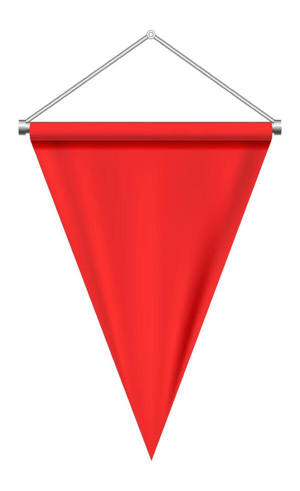 Red triangular pennant hanging from a metallic support, isolated against a clean white background, offering ample space for customization and ideal for various advertising needs vector