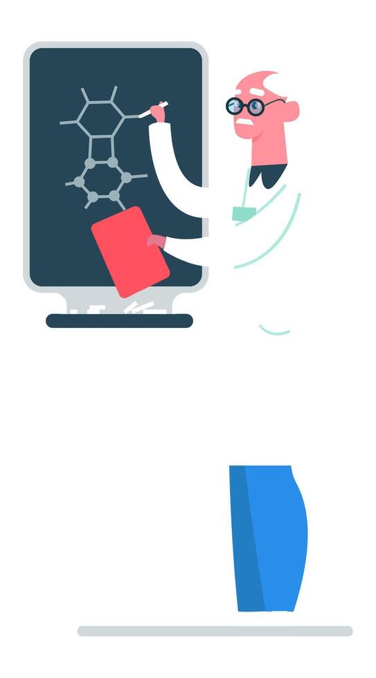 Elderly chemistry professor drawing hexagon shaped molecule structure on blackboard using chalk and holding textbook in hand explaining lesson to students in university classroom vector