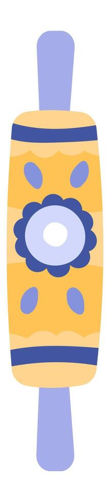Colorful rolling pin with yellow central cylinder decorated with blue stripes and floral designs, and solid blue handles, laying vertically on white background vector