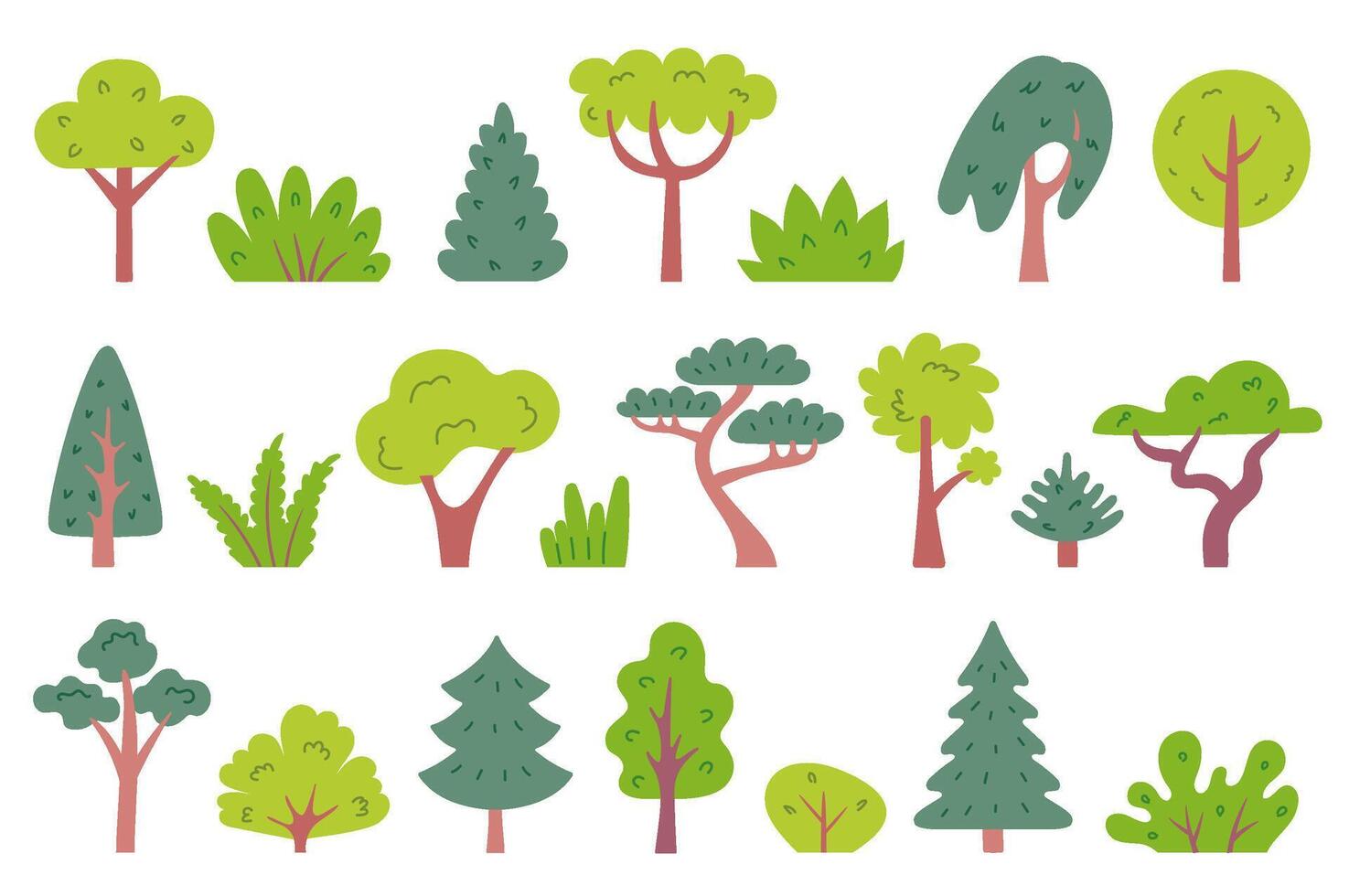 Trees and bushes. Simple deciduous and pine trees and shrubs. Cartoon tree with green leafy crown. elements for forest, park and garden landscape, nature greenery vector