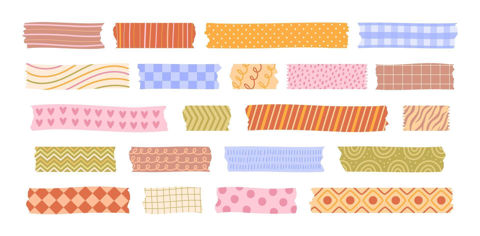 Patterned washi tape. Colorful adhesive strips with hand drawn and abstract geometric patterns. Scrapbooking themed mixed media decorative dividers set vector