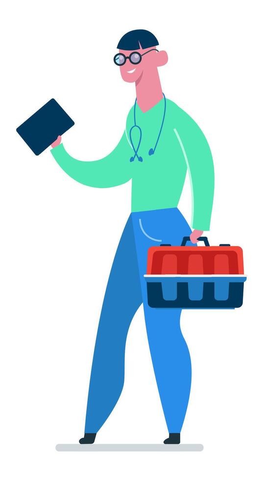 Veterinarian walking and holding a tablet and a pet carrier, going to visit a pet, healthcare and medical services, veterinary, pets and animals, professional occupation vector