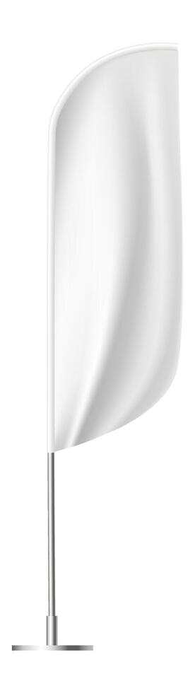 Waving white feather flag on a sturdy metal pole with a round base, offering an ideal blank canvas for displaying custom designs or impactful messages in various settings vector