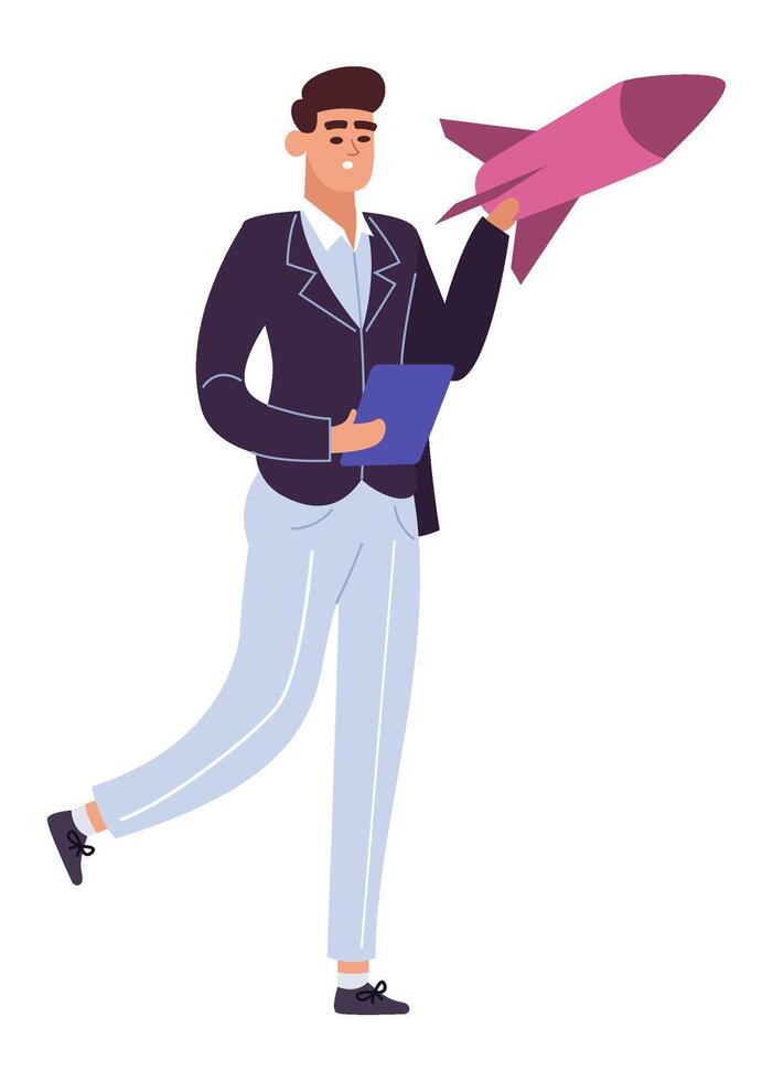 Businessman holding folder and launching startup business project like a rocket, business and entrepreneurship concept, illustration isolated on white background vector