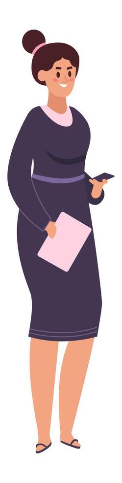 Businesswoman holding a folder and using her smartphone, smiling brightly while looking away. Dressed in a stylish dark dress and casual flip flops, radiating confidence and positivity vector