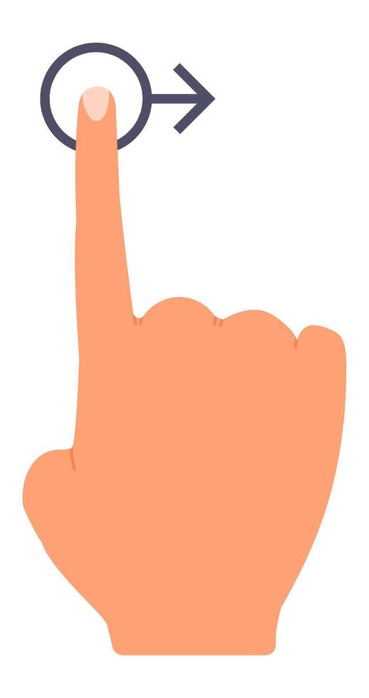 Cartoon hand reaching out with an index finger, making contact with a digital button featuring an arrow symbol, illustrating user interface interaction and navigation on screens vector