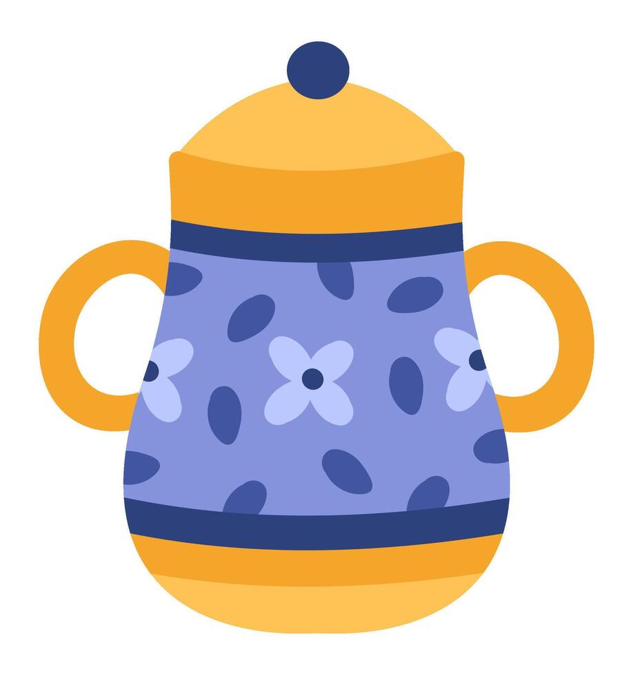 Beautiful ceramic teapot with a floral pattern and two handles is depicted, showcasing its elegant design and traditional craftsmanship, perfect for enjoying a warm beverage vector