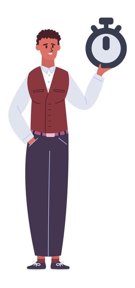 Smiling businessman holding a large stopwatch, managing time effectively and highlighting deadlines in a professional setting, emphasizing productivity and organization vector