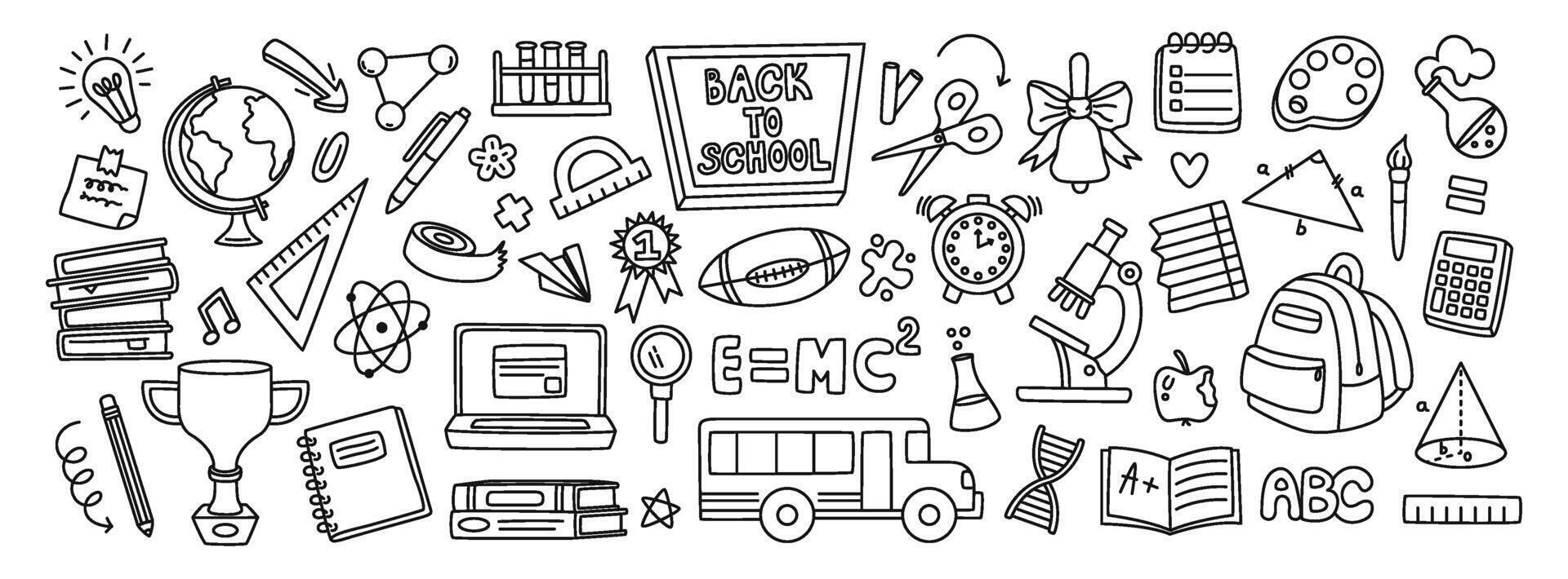 Back to school doodle. Hand drawn school supplies, student essentials, classroom and science icons, academic and learning elements. Line art education illustrations set vector