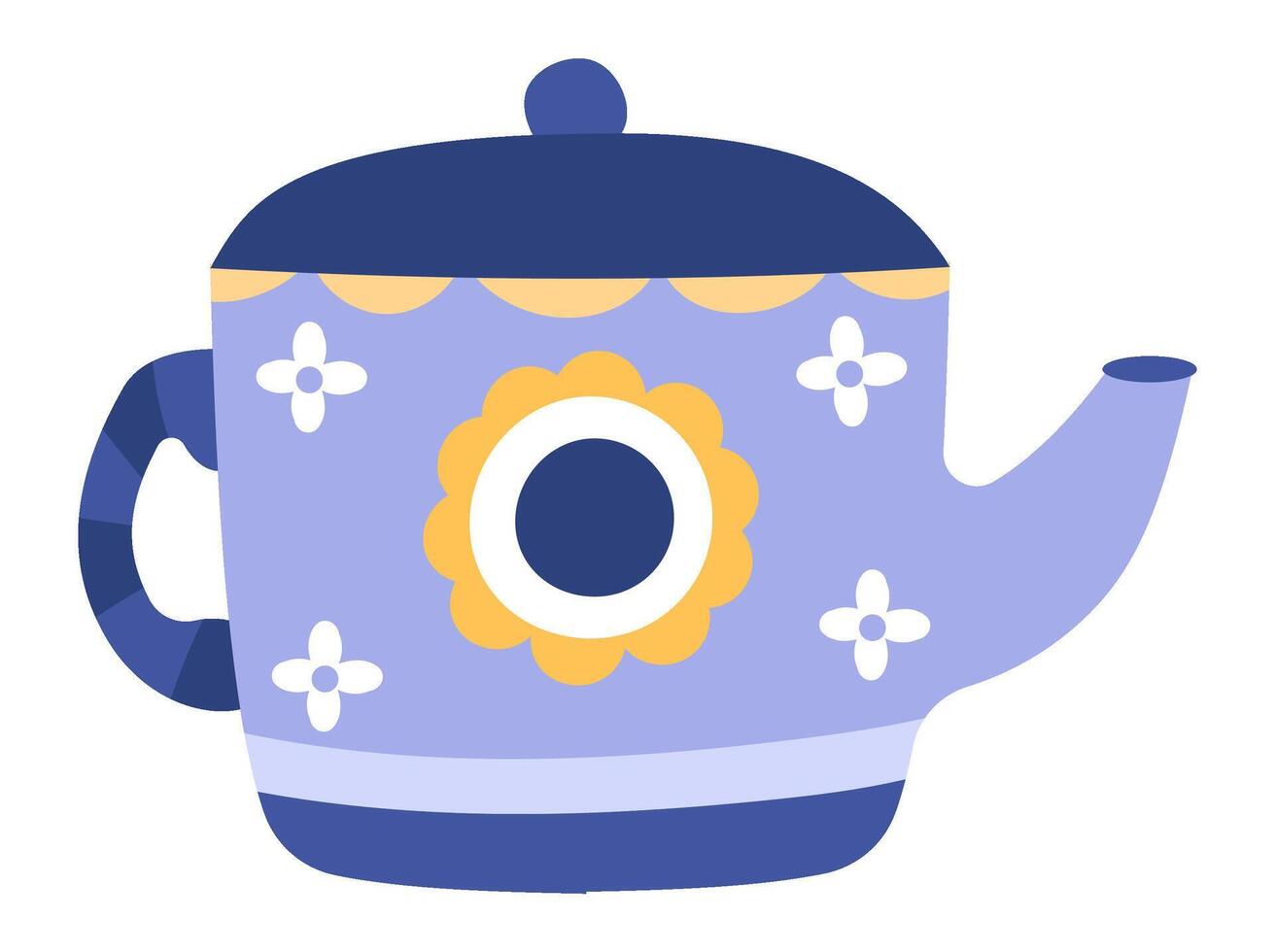 Purple teapot adorned with yellow and white flowers, featuring a navy blue lid and handle, set against a white background, perfect for food or cooking projects vector