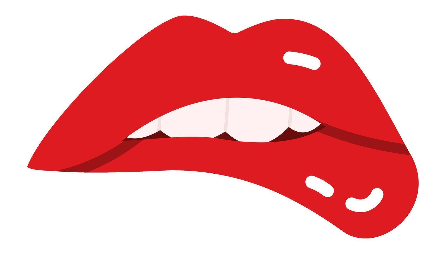 Cartoon illustration of red lips biting lower lip with white teeth on white background, representing concepts such as seduction, sensuality, desire, and beauty vector