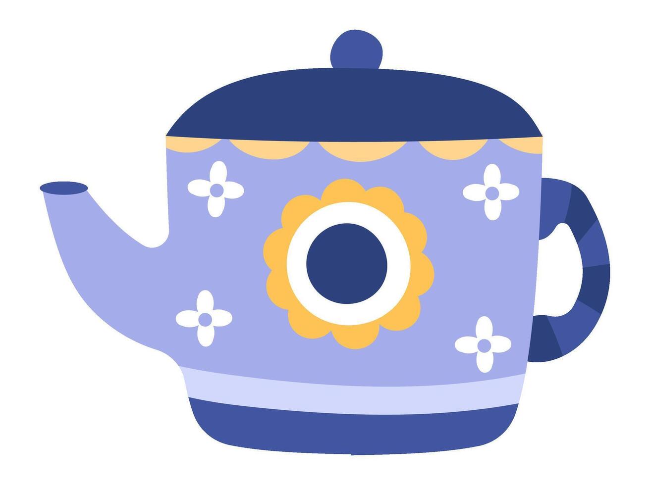 Lovely purple teapot with a dark blue lid, decorated with small white flowers and a large yellow flower, stands ready to be filled with hot water and used for making tea vector