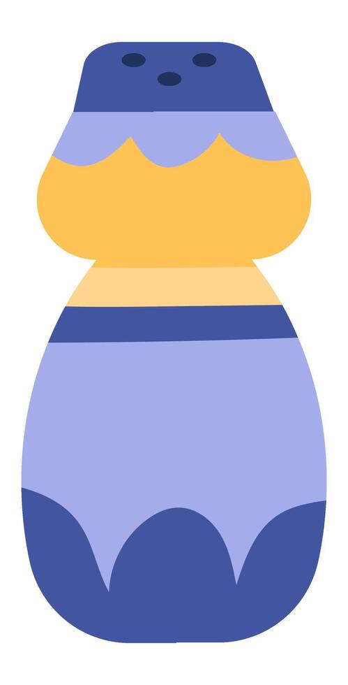 Salt shaker featuring a vibrant blue cap and a bright yellow body, positioned against a clean white background. Simple flat design perfect for food and cooking projects vector