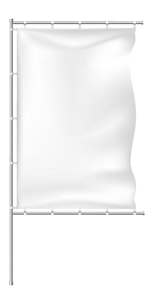 White rectangular flag waving gracefully on a sturdy metal pole with rings, offering a versatile template for custom designs and branding opportunities in various contexts vector