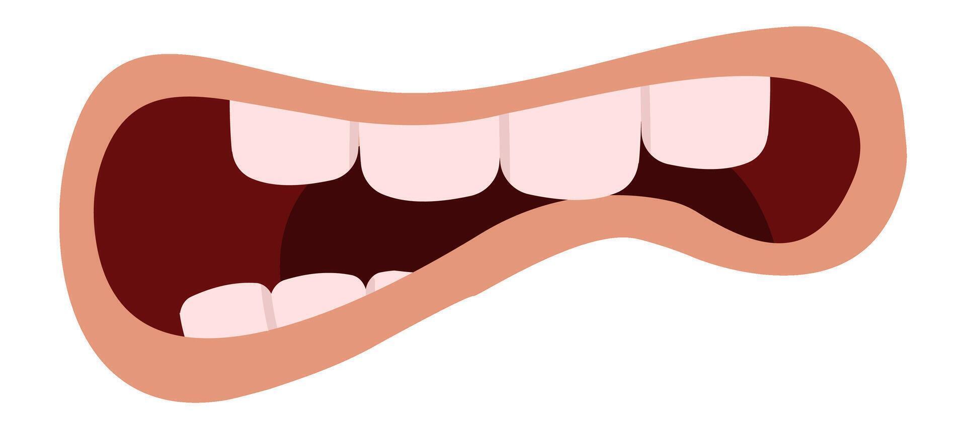 Open cartoon mouth showing teeth and tongue, expressing a variety of emotions such as anger, surprise, happiness, or fear, isolated on white background vector