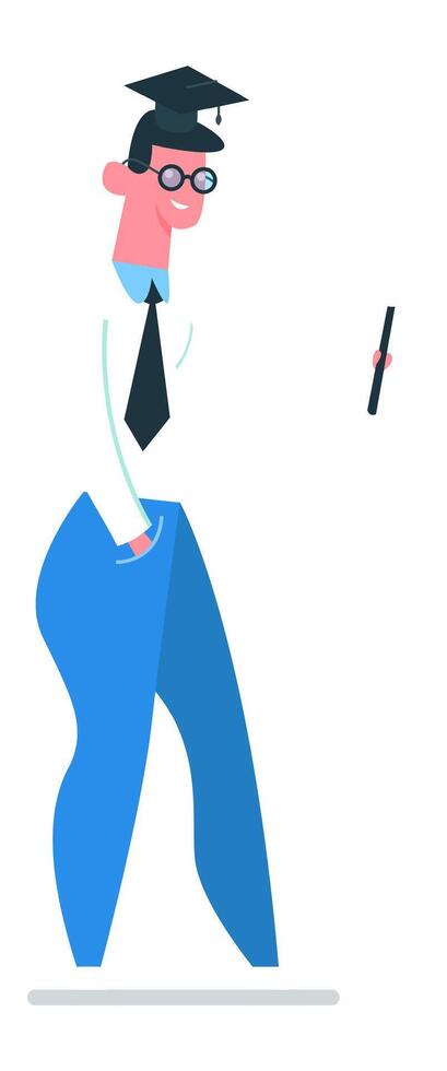 Smiling graduate student with glasses, wearing a mortarboard and a tie, holds a pen and stands with one hand in his pocket, celebrating his recent academic achievement vector