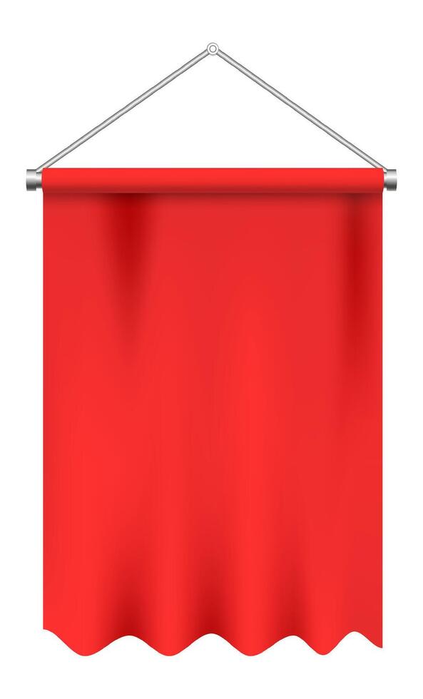 Red cloth banner hanging from a metallic support, waving gently in the wind against a clean white background, creating an ideal space for adding text or logos for promotional use vector