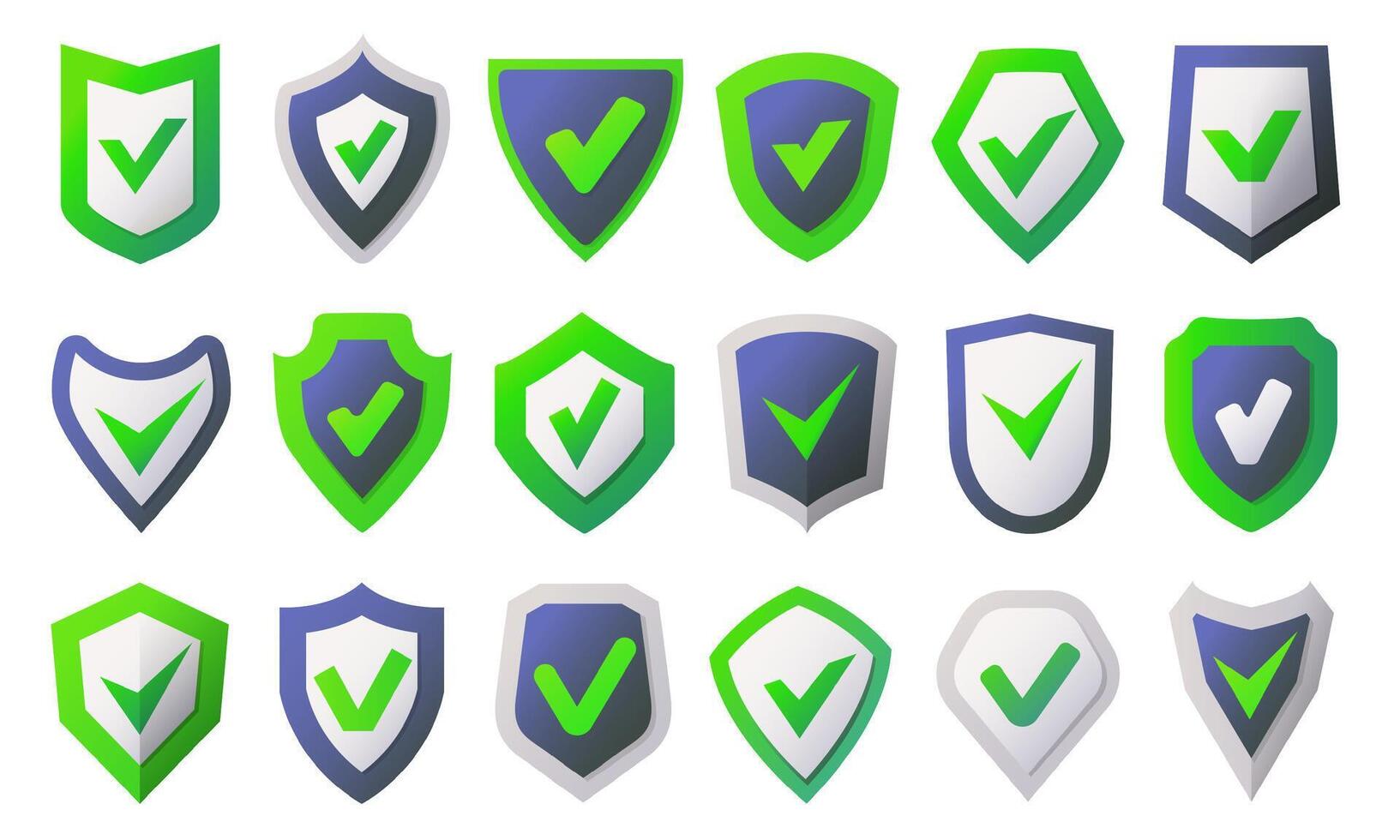 Shields with check marks. Trust and security icons with protective shield badge and approving tick symbol. Product certification and validation tags isolated set vector