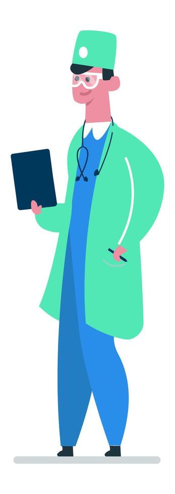 Smiling doctor wearing protective glasses, surgical cap, stethoscope and lab coat, holding a clipboard and a pen, providing healthcare services in a modern medical setting vector