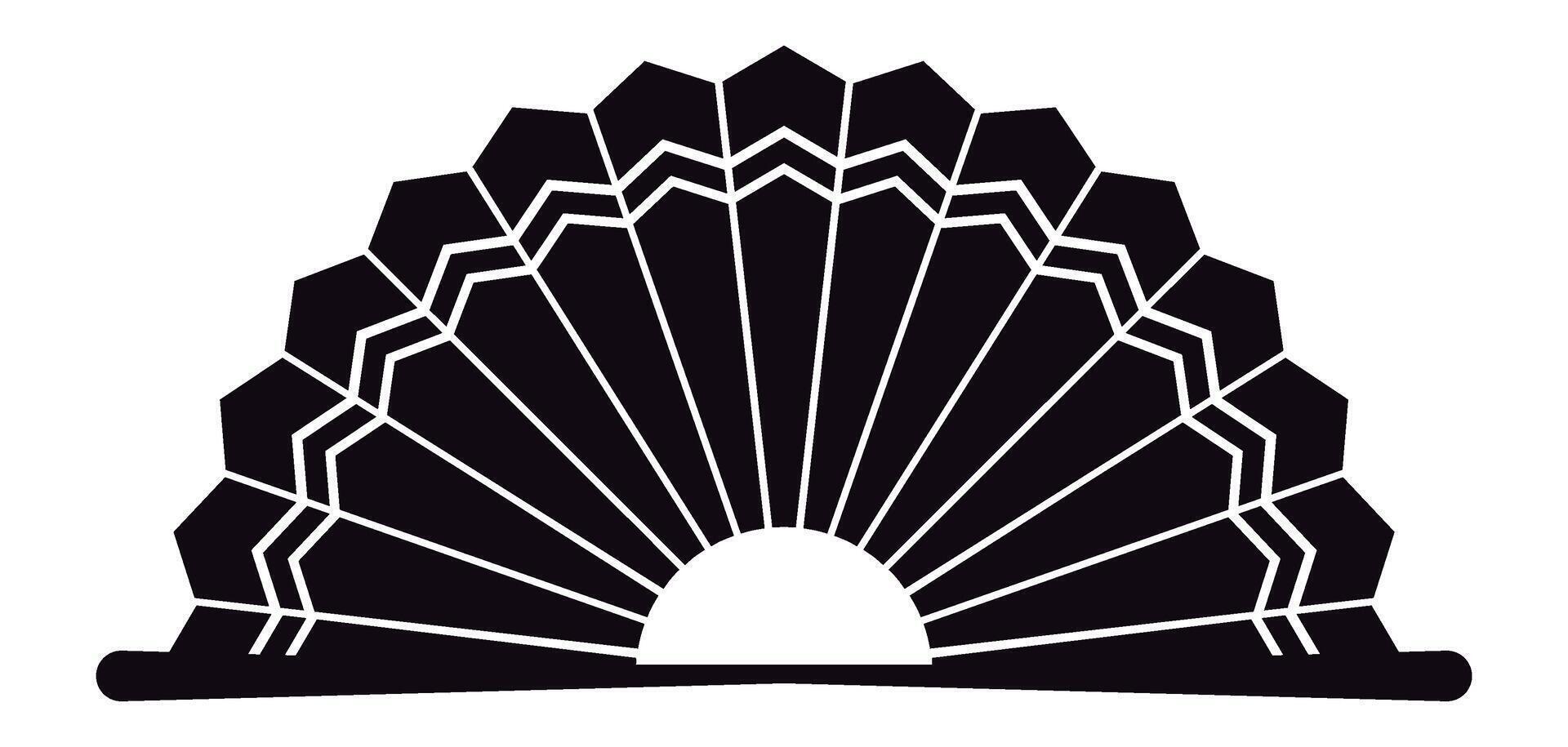 Stylized semicircular radiating shape with black and white alternating elements, evoking a fan, peacock tail, or rising sun, creating a visually striking geometric pattern vector
